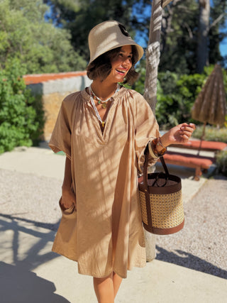 Robe courte manches ballon camel