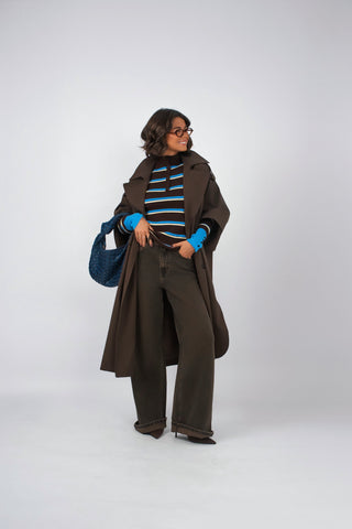 Pull fin chocolat JUDE côtelé rayé bleu&jaune