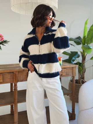 Gilet ZIP rayé marine/écru
