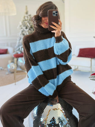 Pull col roulé RAYÉ marron&bleu