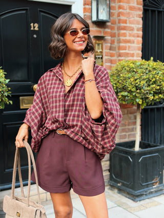 Chemise à carreaux bordeaux et camel manches ballon