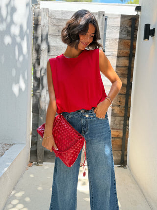 Top en maille fine sans manche rouge