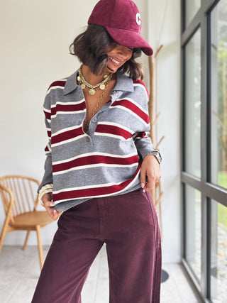 Pull POLO rayé gris&bordeau