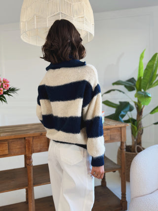 Gilet ZIP rayé marine/écru