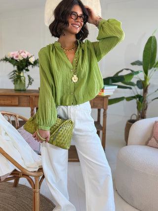 Chemise courte en voile de coton LYLOU vert olive