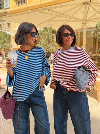 Tee-shirt MARINIÈRE bordeaux&écru - col bleu ciel