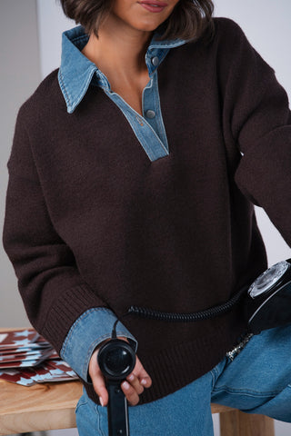 Pull col en jean & maille chocolat