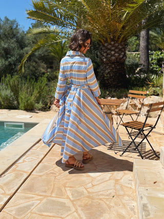 Robe chemise bleu rayée beige&rose