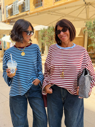 Tee-shirt MARINIÈRE bordeaux&écru - col bleu ciel