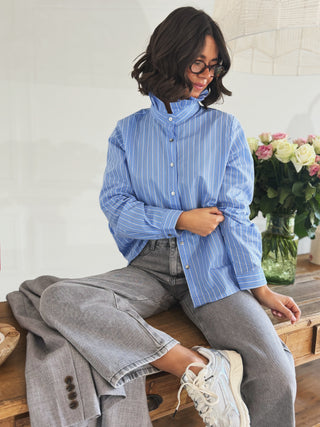 Chemise col victorien rayée bleu&gris