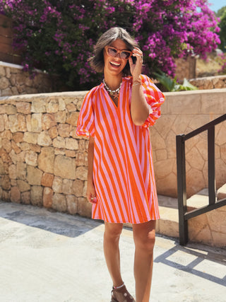 Robe courte rayée rose&orange