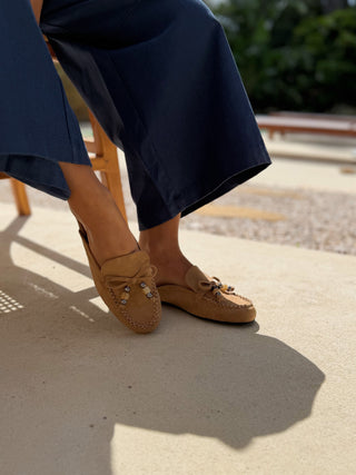 Mules FRANGÉES  façon daim beige
