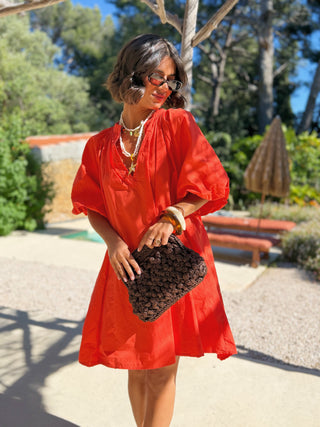 Robe courte manches ballon corail