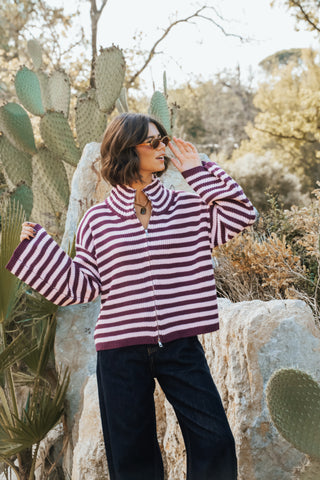 Gilet TOMY en maille zipé à rayures bordeaux&rose