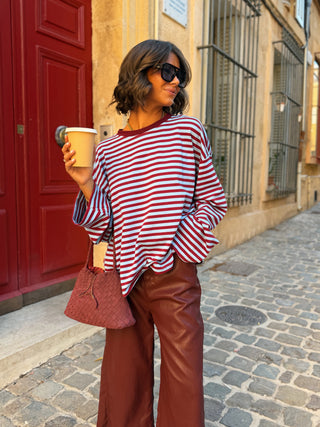 Tee-shirt MARINIÈRE bordeaux&bleu ciel  - col bordeaux