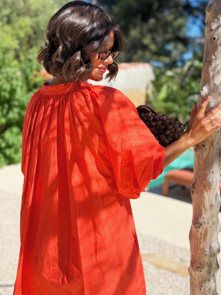 Robe courte manches ballon corail