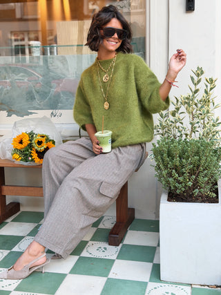 Pantalon CARGO large taupe rayé vert