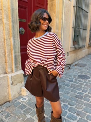 Tee-shirt MARINIÈRE bordeaux&écru - col bleu ciel