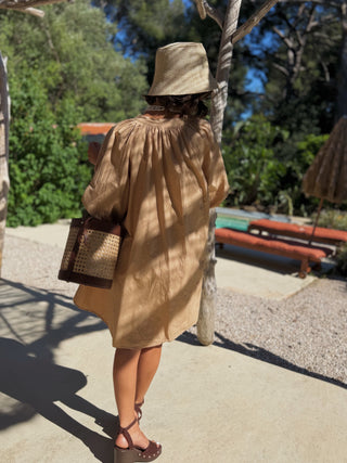 Robe courte manches ballon camel