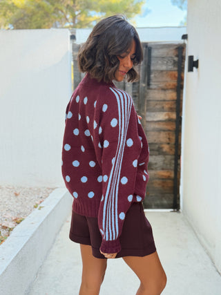 Pull a zip POLKA bleu ciel&bordeaux