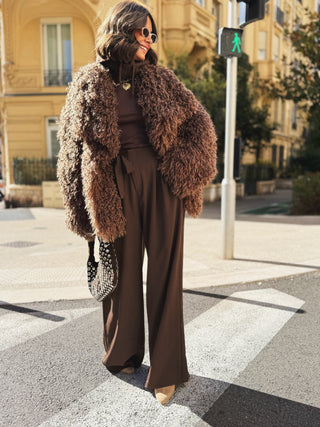 Pantalon fluide chocolat avec son noeud