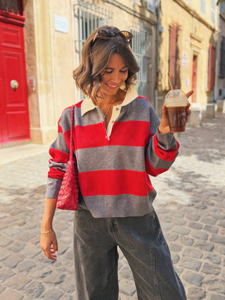 Pull polo rouge&gris