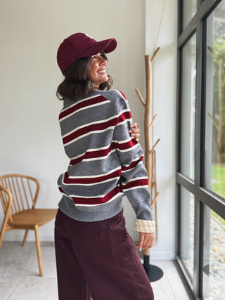 Pull POLO rayé gris&bordeau