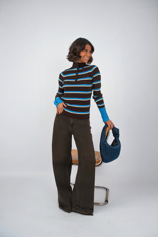 Pull fin chocolat JUDE côtelé rayé bleu&jaune