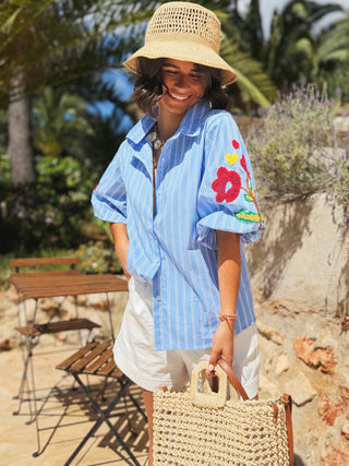 Chemise ballon RAYÉE bleu & ses broderies