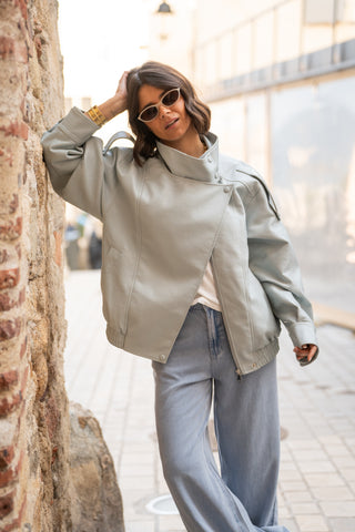 Bombers COL MONTANT façon cuir bleu ciel