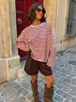 Tee-shirt MARINIÈRE bordeaux&écru - col bleu ciel
