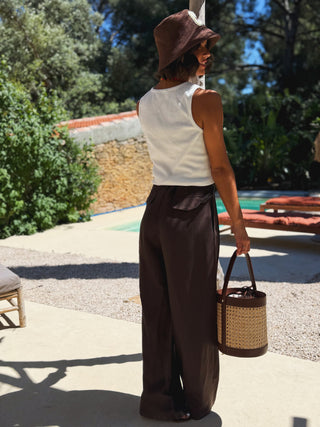 Pantalon en LIN chocolat avec sa ceinture