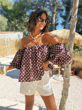 Top LÉNA bardot a pois chocolat
