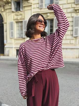 Pantalon fluide bordeaux avec son noeud
