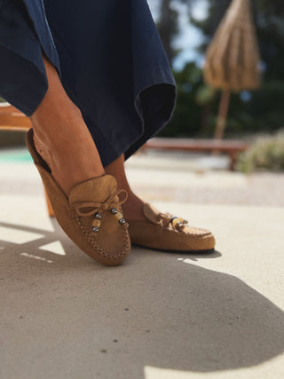 Mules FRANGÉES  façon daim beige