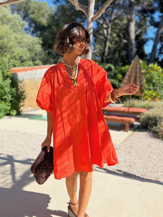 Robe courte manches ballon corail