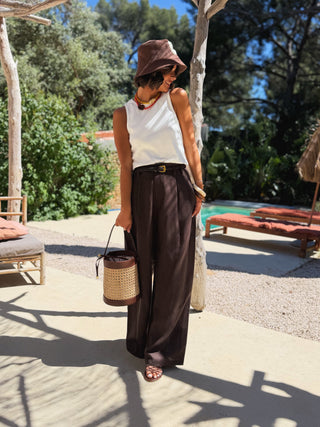 Pantalon en LIN chocolat avec sa ceinture