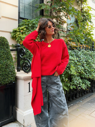 Pull POPPIES rouge en maille col écharpe