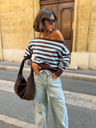 Pull col bateau rayé chocolat&bleu
