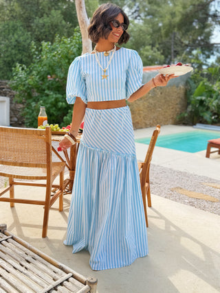 Ensemble rayée blouse/jupe turquoise