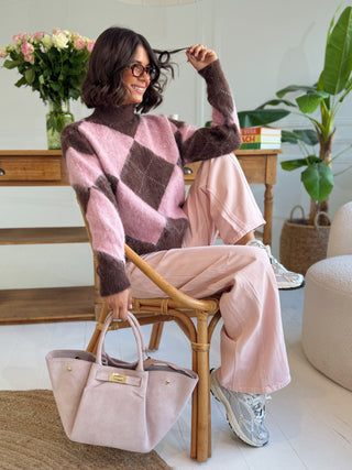 Pull JACQUARD col cheminé rose&marron