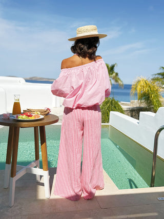 Pantalon LIN rayé rose/rouge