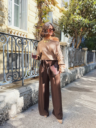 Pantalon fluide chocolat avec son noeud
