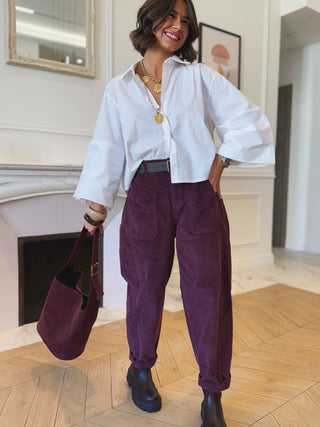Pantalon barrel VELOURS prune
