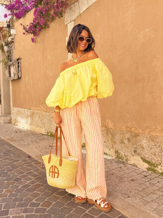 Pantalon LIN rayé jaune/rose