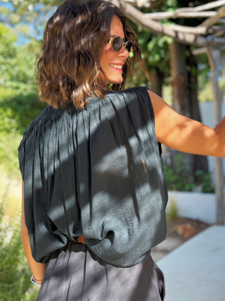 Blouse sans manche en voile de coton noir