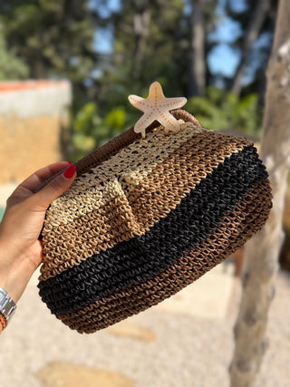 Pochette RAPHIA chocolat-beige-noir-camel