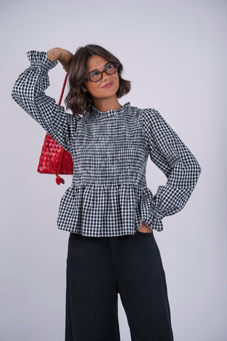 Blouse col rond à carreaux noir&blanc