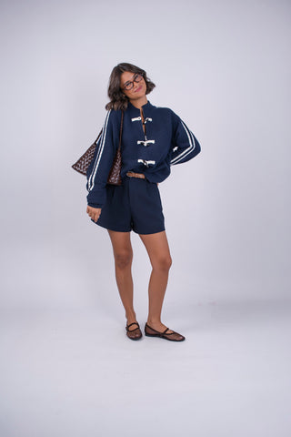 Gilet boutons en bois&rayures manches marine