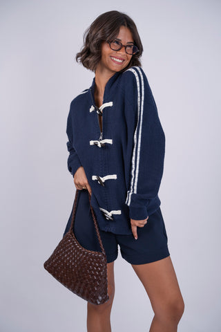 Gilet boutons en bois&rayures manches marine